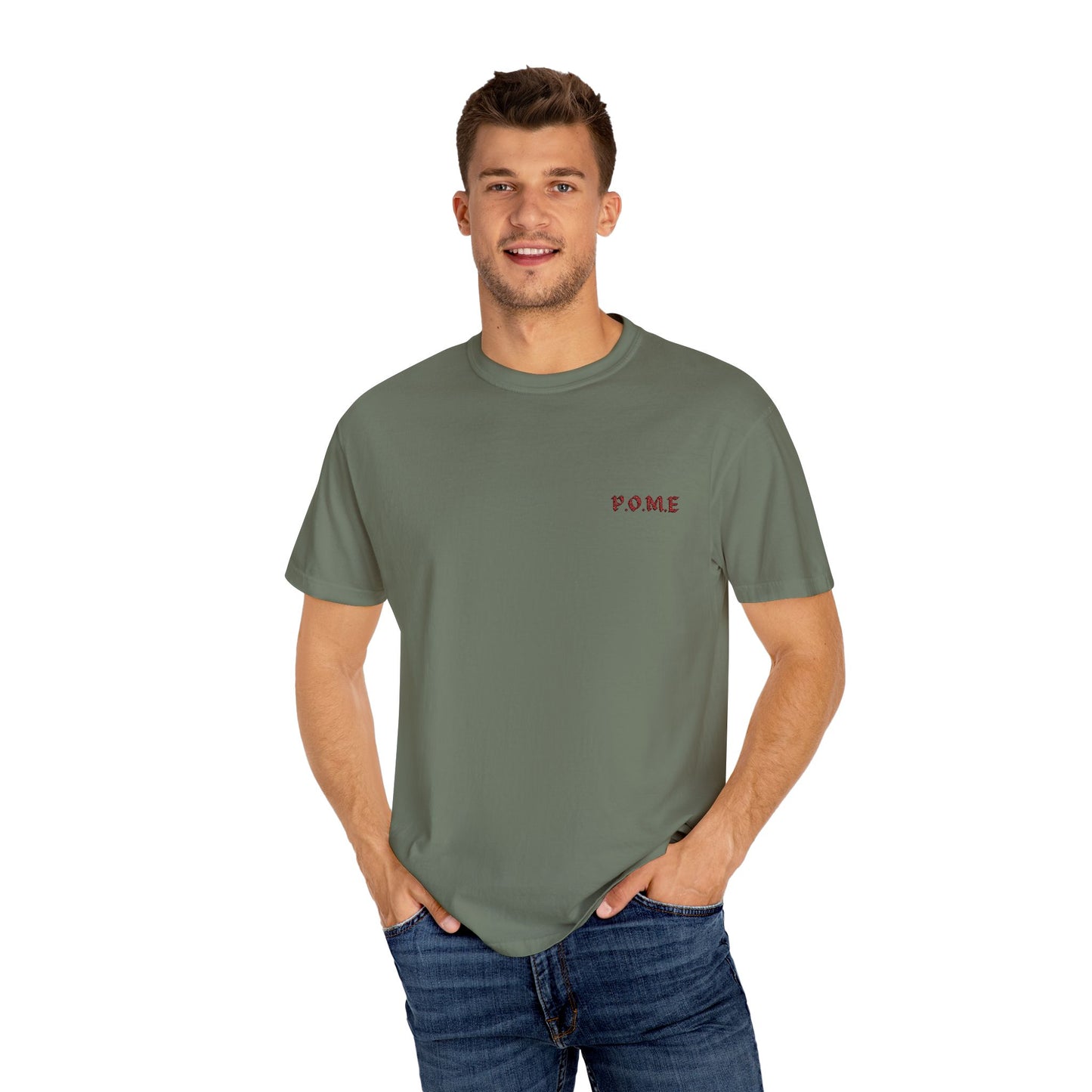 P.O.M.E. Embroidered Logo T-Shirt – Grey Edition with Red Stitch (Unisex Streetwear Statement)